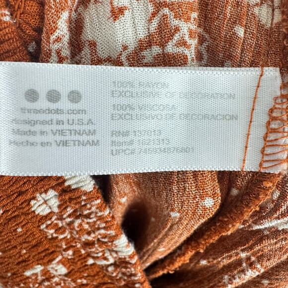 Three Dots Orange White Floral Smocked Straight Leg High Waist Rayon Pants Sz  L - Picture 8 of 9